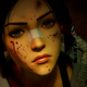 Animated Blade Runner Black Lotus protagonist Elle looks up at a spotlight shining on her, her face splattered with blood and with a bandage over her nose.